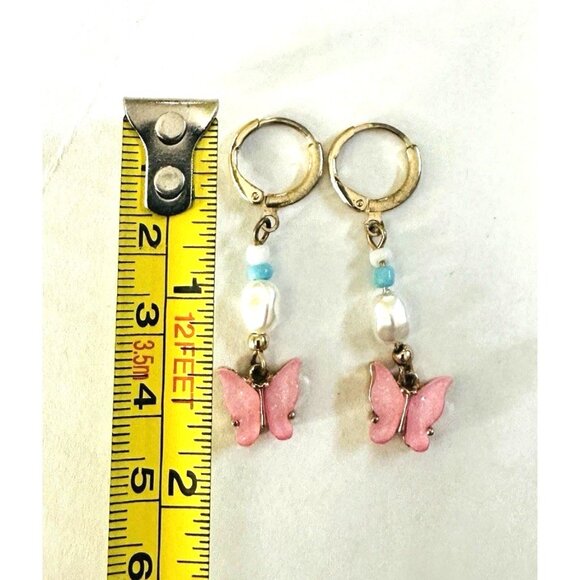 Y2K Lucite Pink Butterfly Earrings Beaded Teal Pearly Drop Dangle Huggie Hoop - Picture 3 of 4